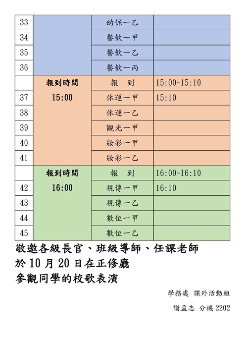 115學年度第18屆創意校歌大賽初賽時間表 10月20日(星期二) 比賽地點:正修廳圖片